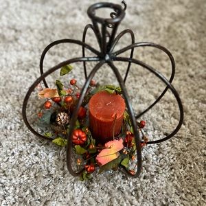 Metal Pumpkin with Candle and Fall Floral Wreath
